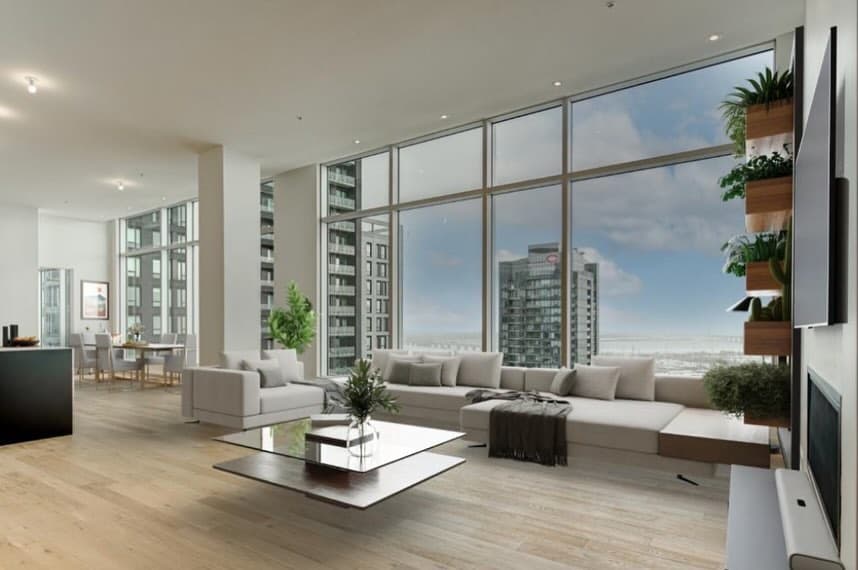 Salon mis en valeur pour la vente à Montréal, home staging luxueux avec vue panoramique