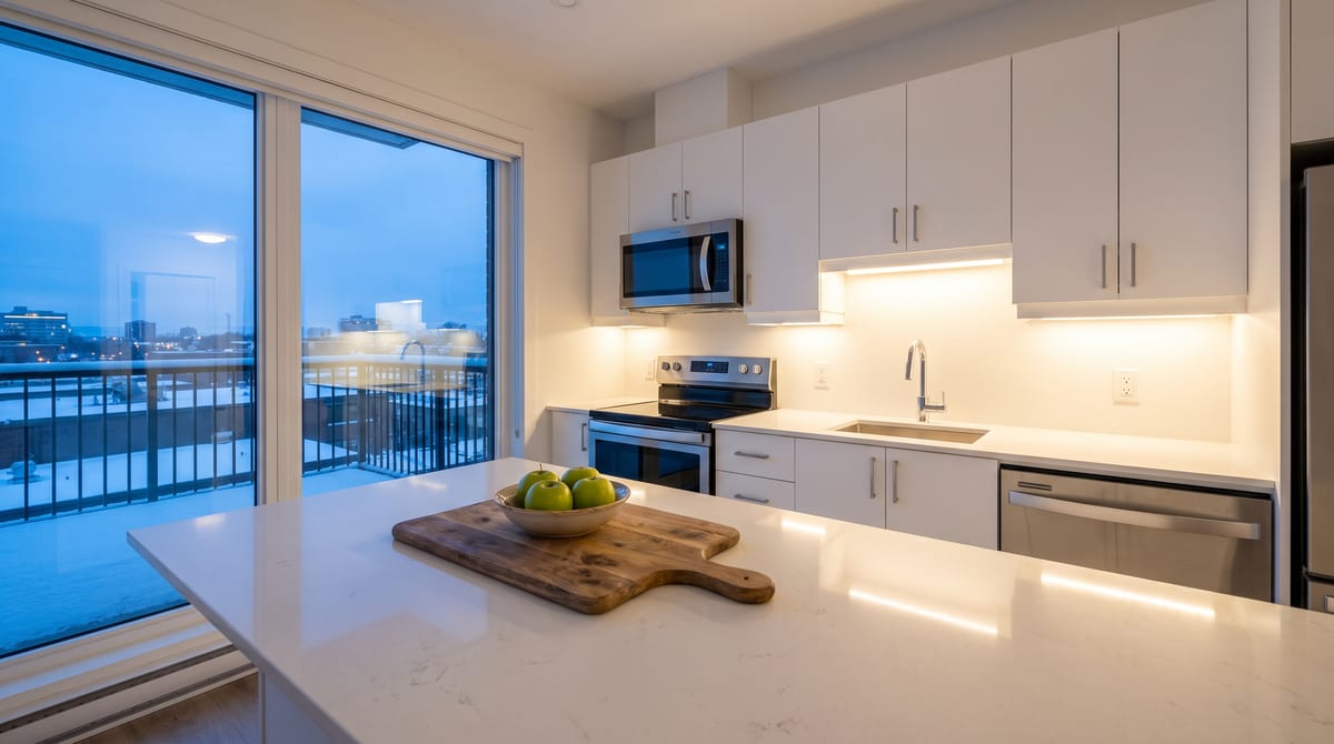 Montreal condo kitchen decluttered for sale, with clear counters and under-cabinet lighting on at dusk in early winter