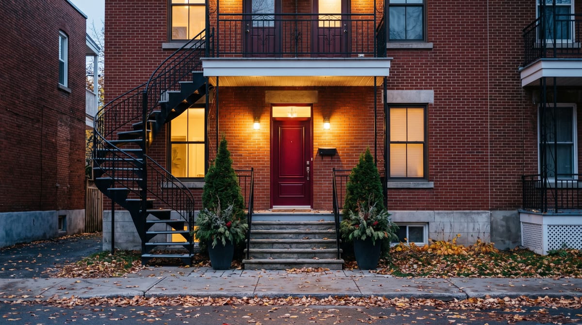 Facade of a brick Montreal triplex with a wrought-iron outdoor staircase, a cleared entrance and lights on at dusk in the fall