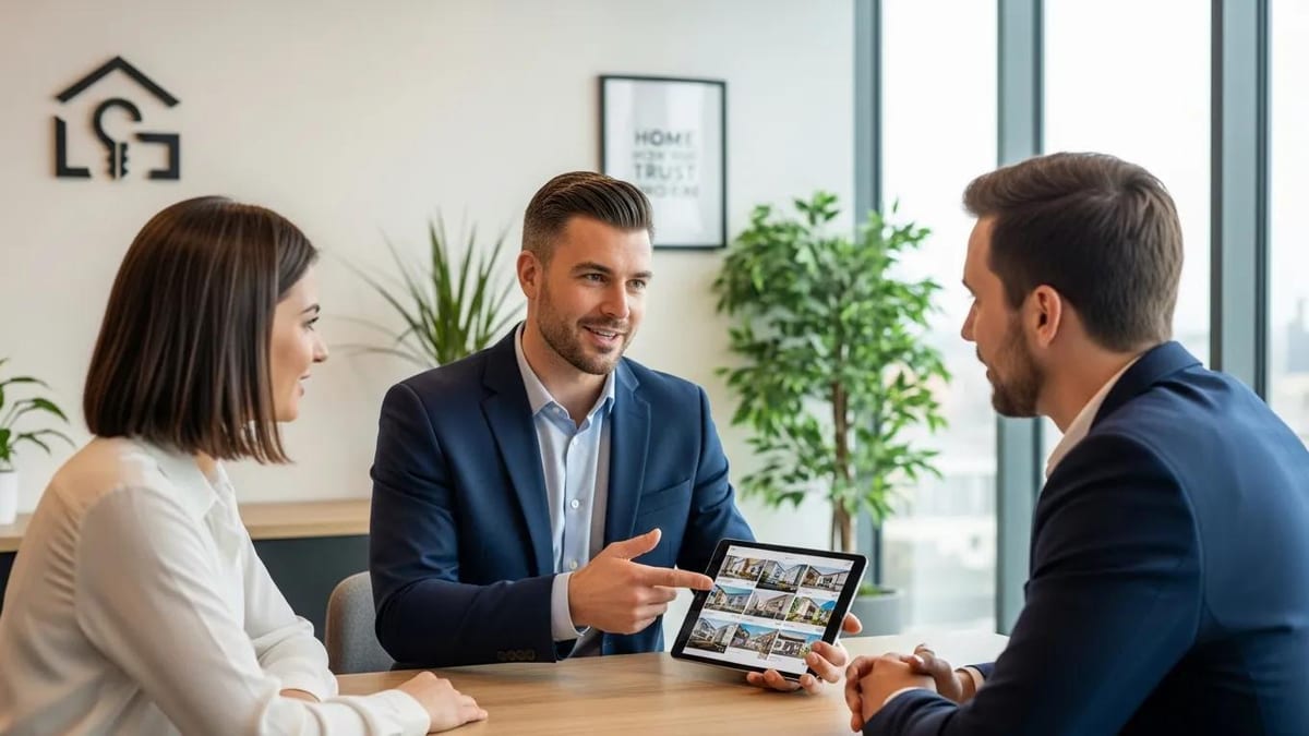 Real estate broker presenting listings to clients in Montreal